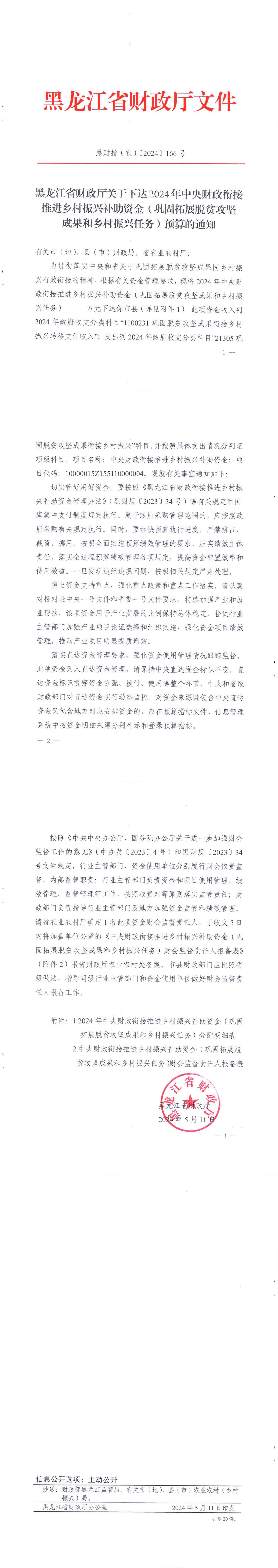 黑龙江省财政厅关于下达2024年中央财政衔接推进乡村振兴补助资金（巩固拓展脱贫攻坚成果和乡村振兴任务）预算的通知 黑财指（农）〔2024〕166号_00.jpg